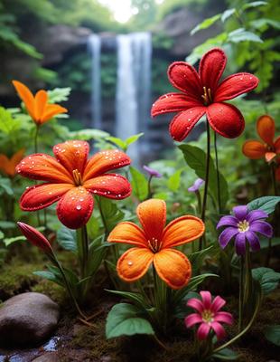 The primary subject of the image is a group of colorful flowers, including red, orange, and purple ones, growing in a garden. The flowers are situated in a lush green environment, with a waterfall in the background. The visual style of the image is a combination of photo and digital art, creating a vibrant and natural atmosphere. The colors and mood of the image are predominantly warm and inviting, with the flowers serving as the focal point of the scene.